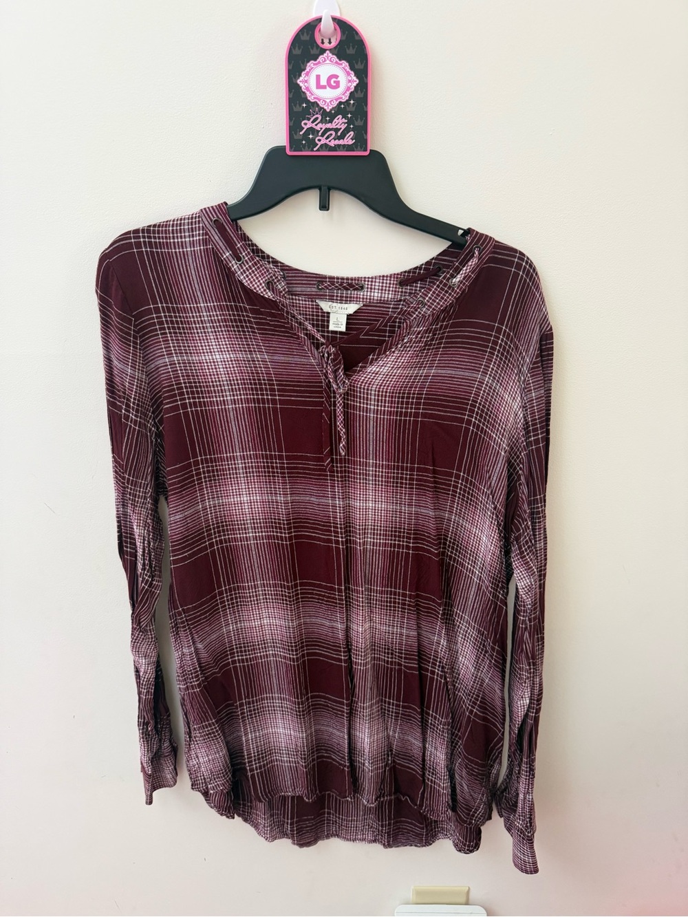 Cato Burgundy Plaid Long Sleeve V-Neck Top